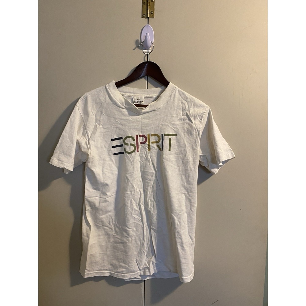 Vintage 90s Esprit Embroidered Logo T-Shirt White Multi Color Stitch Tee Size M